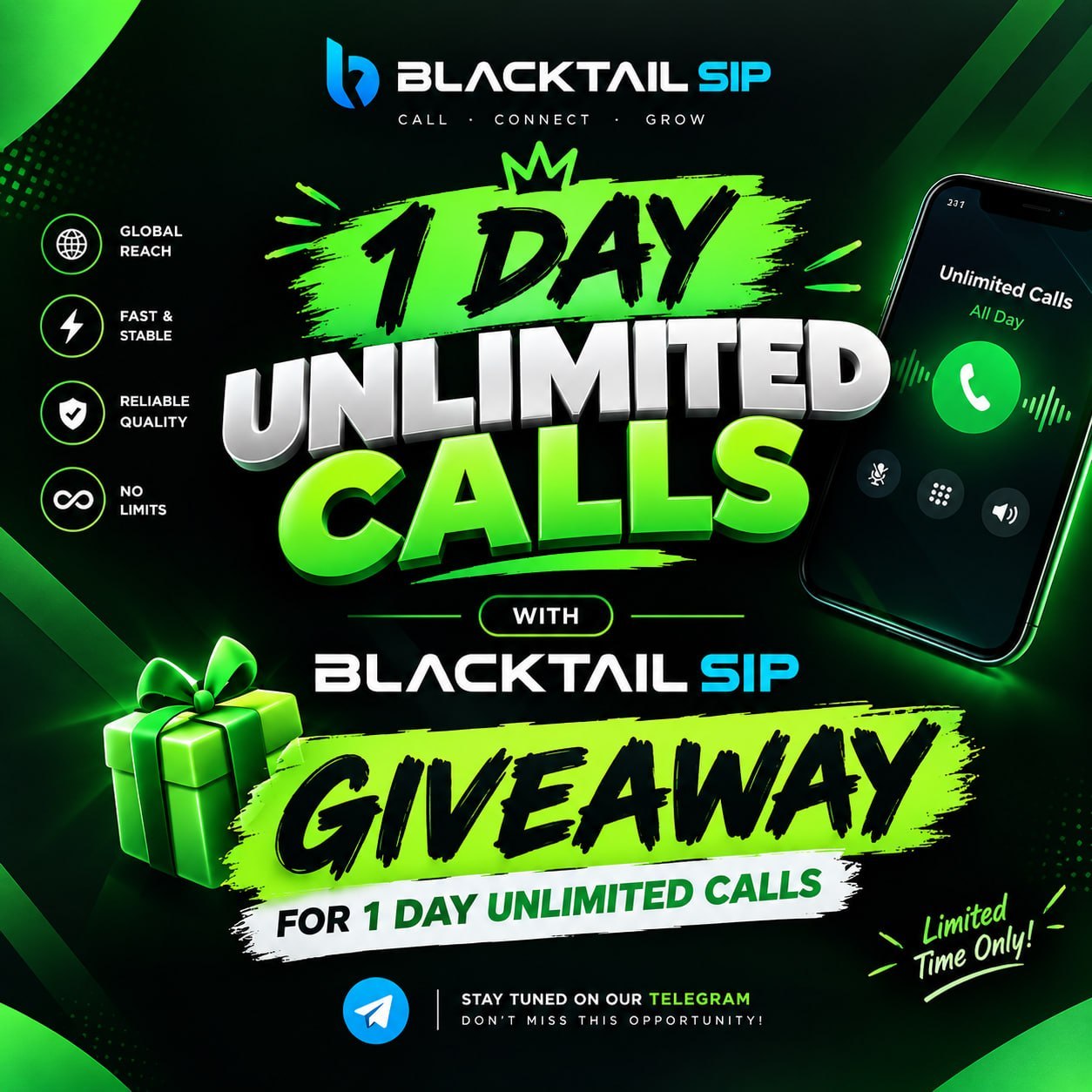 BlackTail SIP giveaway graphic: 1 day unlimited calls, green and black