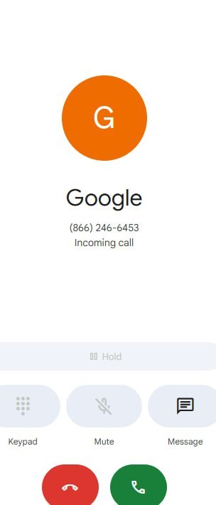 Android incoming call labeled Google, 866-246-6453