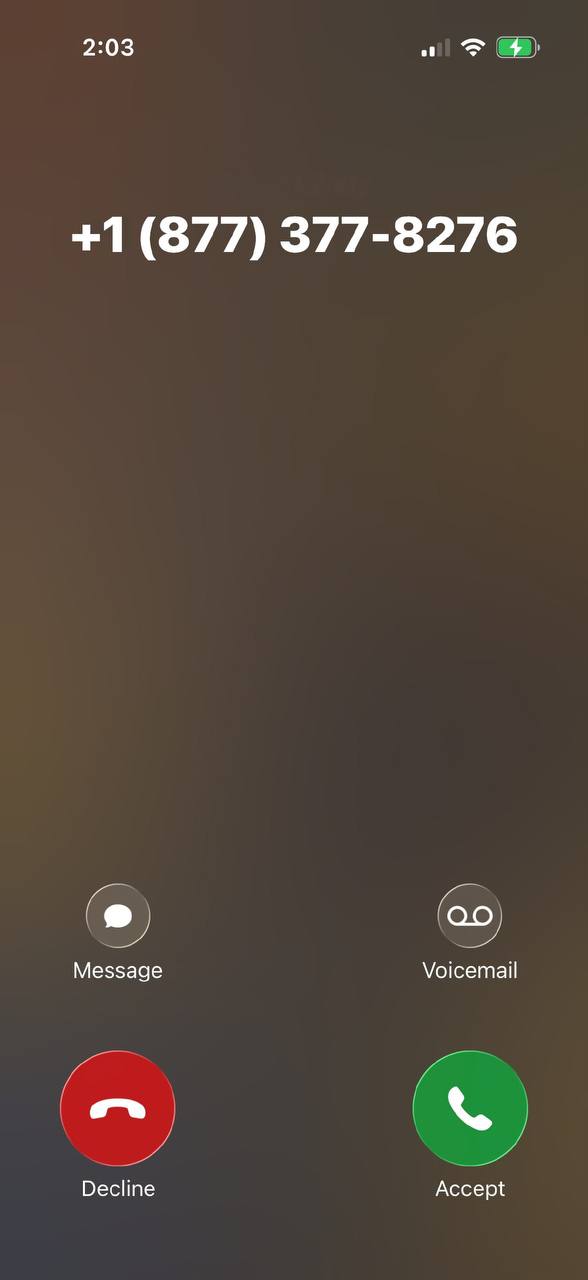 iPhone incoming call, +1 877-377-8276, no caller name, clock 2:03