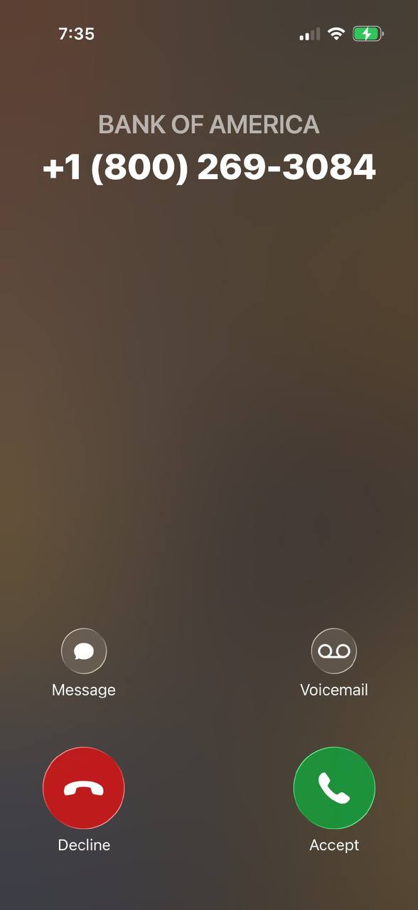 Incoming iPhone call labeled BANK OF AMERICA, +1 800-269-3084